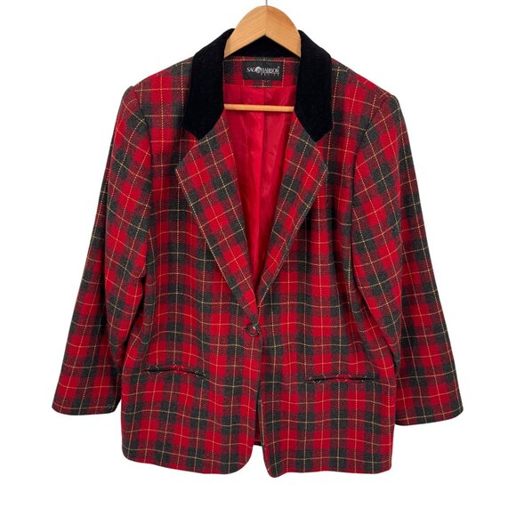 Sag Harbor Blazer Jacket‎ Womens 14/16 Red Tartan Plaid Wool Blend Vintage - Picture 1 of 9